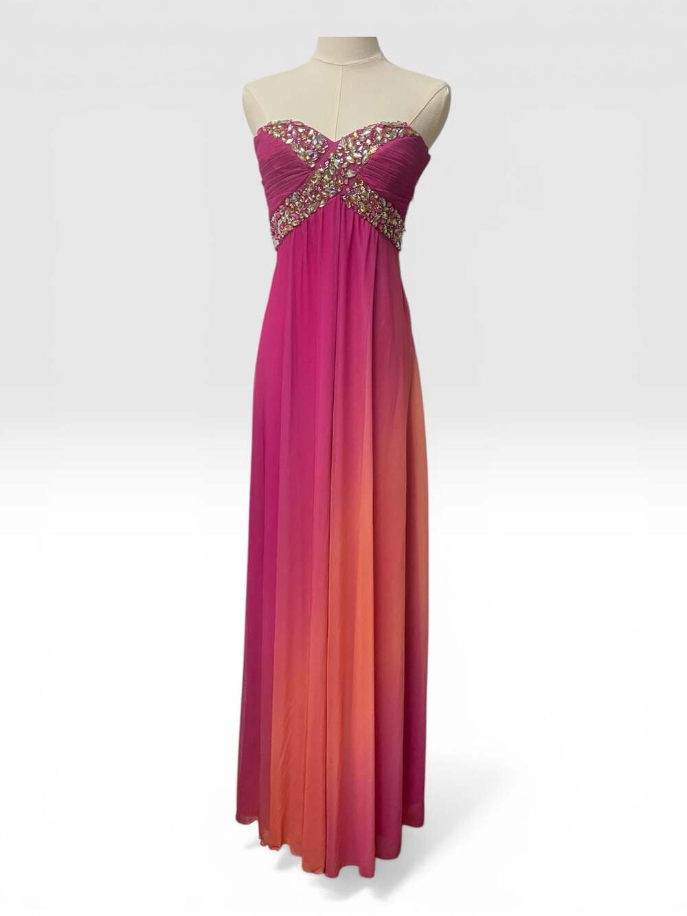 My Michelle Ombre Beaded Prom Dress Strapless Gown Size 1 Pink/Orange Chic Flowy